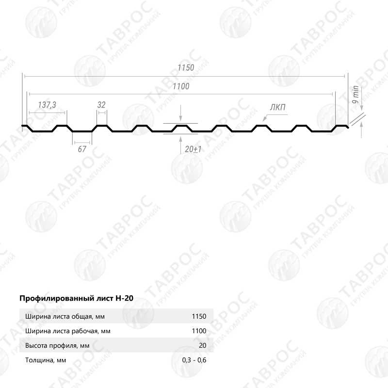 Профнастил Н-20 Zn 1500*1150*0,6 односторонний