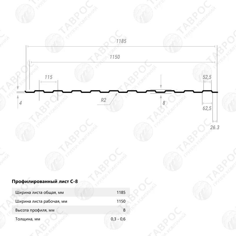 Профнастил С-8 Гладкий полиэстер RAL 6005 (Зелёный мох) 2500*1185*0,35 односторонний